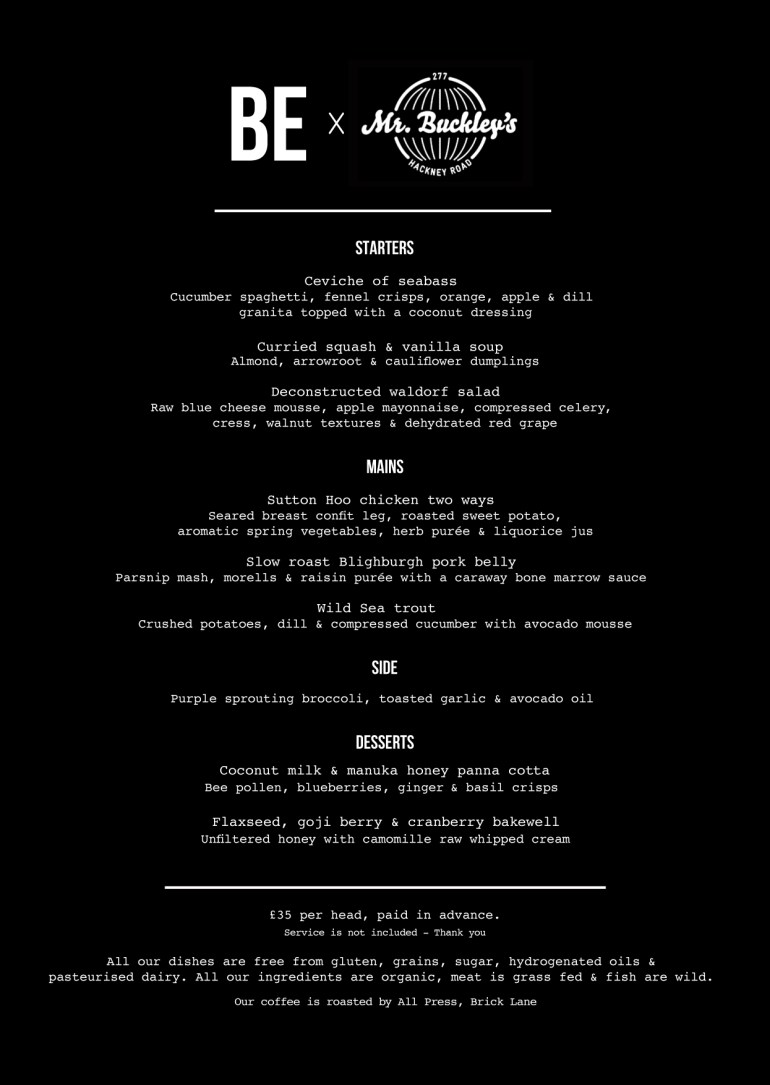 BE at Buckleys Menu (Black)